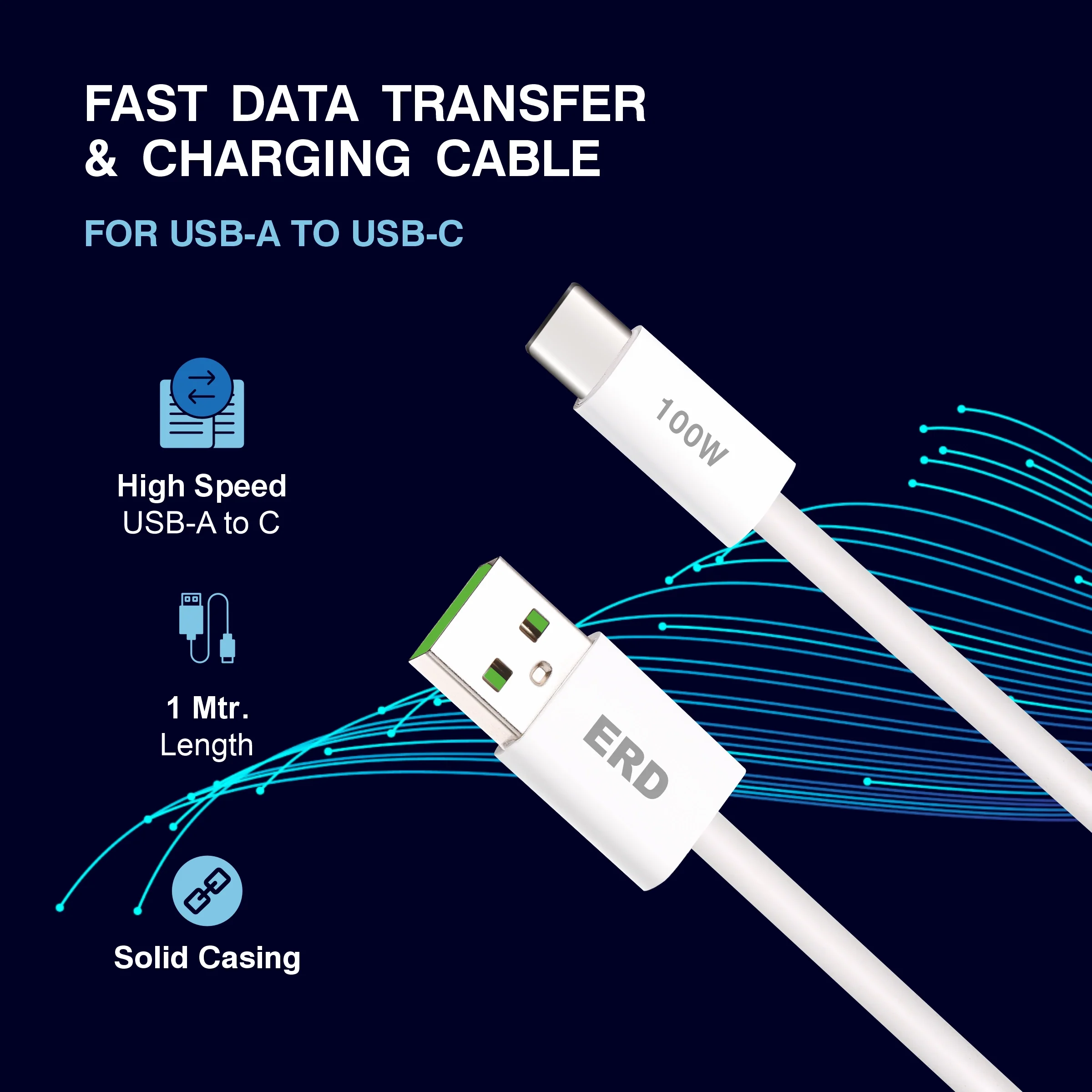 ERD UC-365 USB-A TO C Solid Casing Data Cable, 100W - Image 3