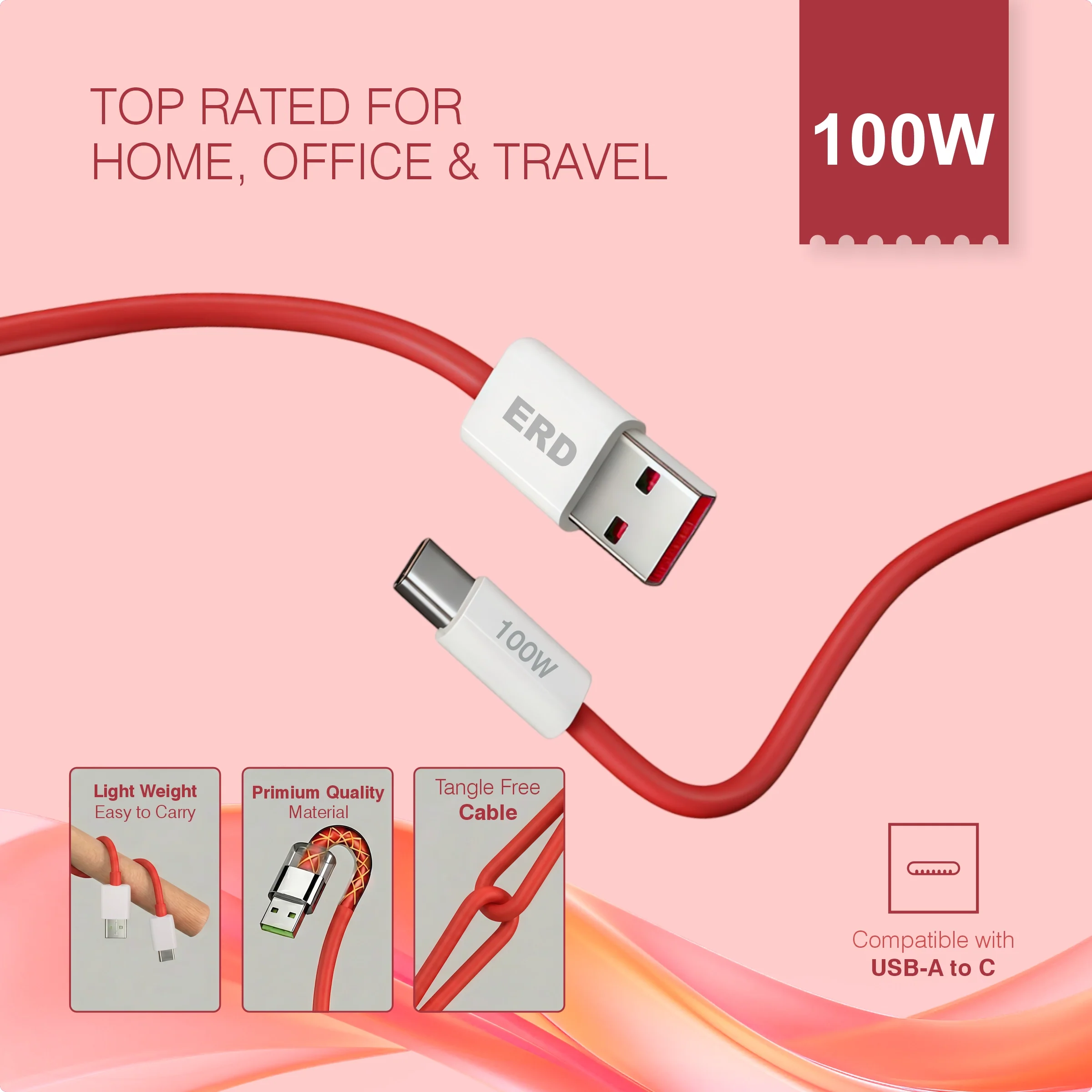 ERD UC-366 USB-A TO C Solid Casing Data Cable, 100W - Image 6