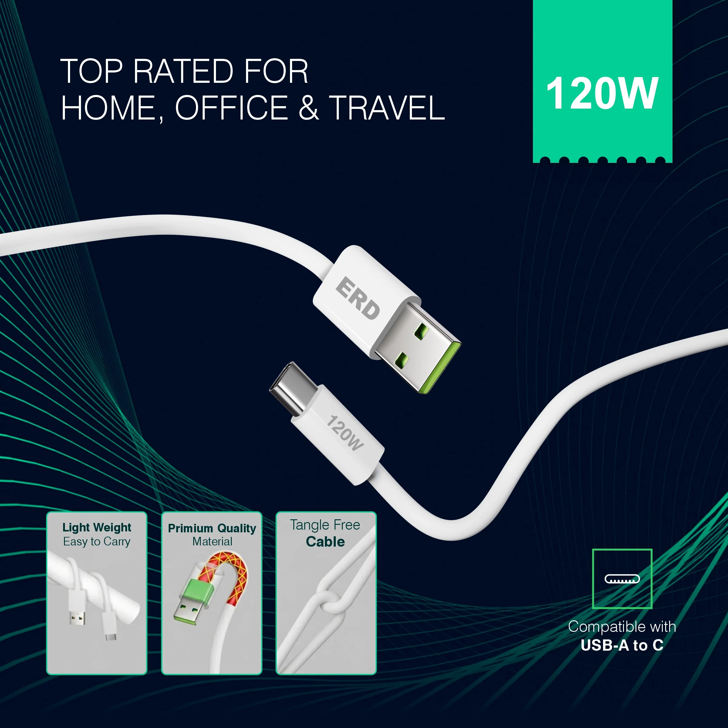 ERD UC-367 USB-A TO C Solid Casing Smart Data Cable, 120W - Image 6