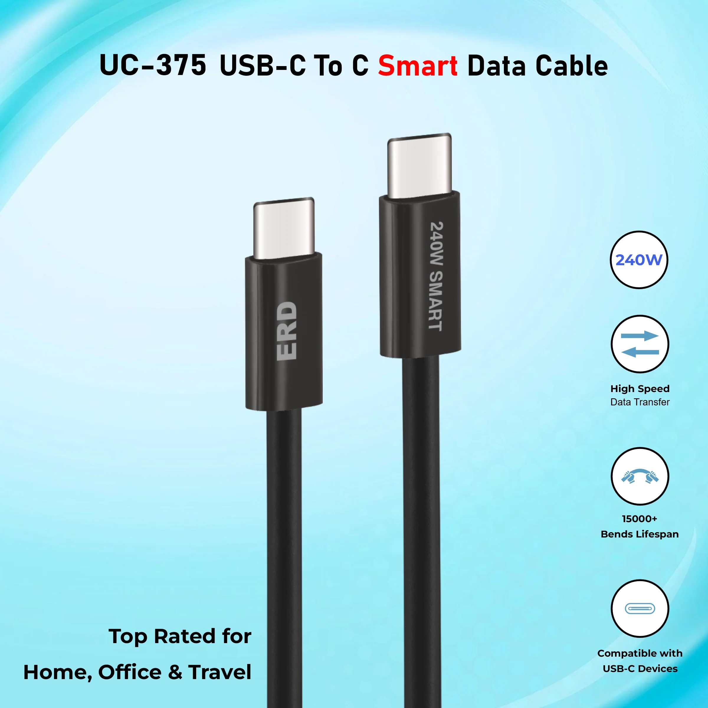 ERD UC-375 USB-C TO C Solid Casing Smart Data Cable, 2Meter, 240W - Image 4