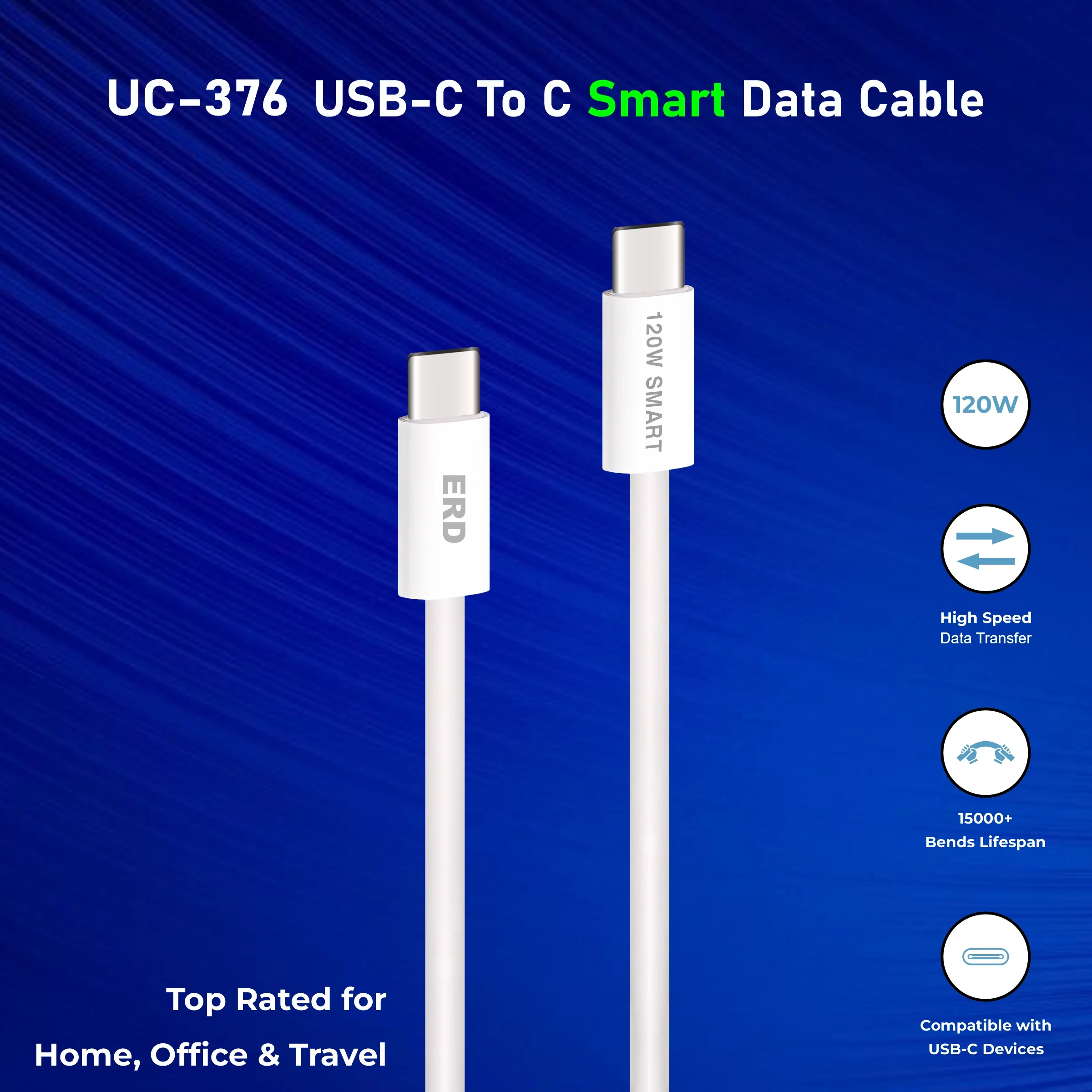 ERD UC-376 USB-C TO C Solid Casing Smart Data Cable, 120W - Image 4