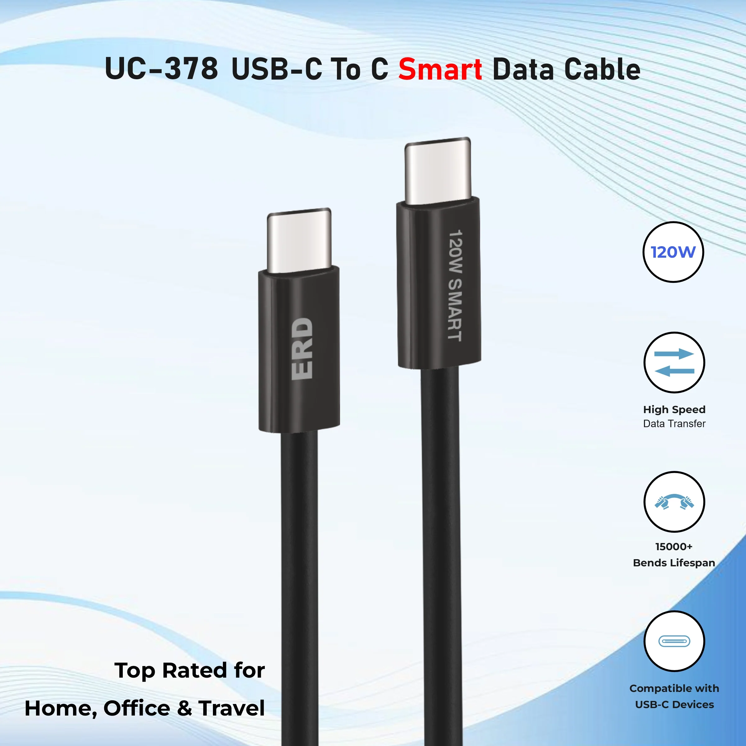 ERD UC-378 USB-C TO C Solid Casing Smart Data Cable, 120W - Image 4