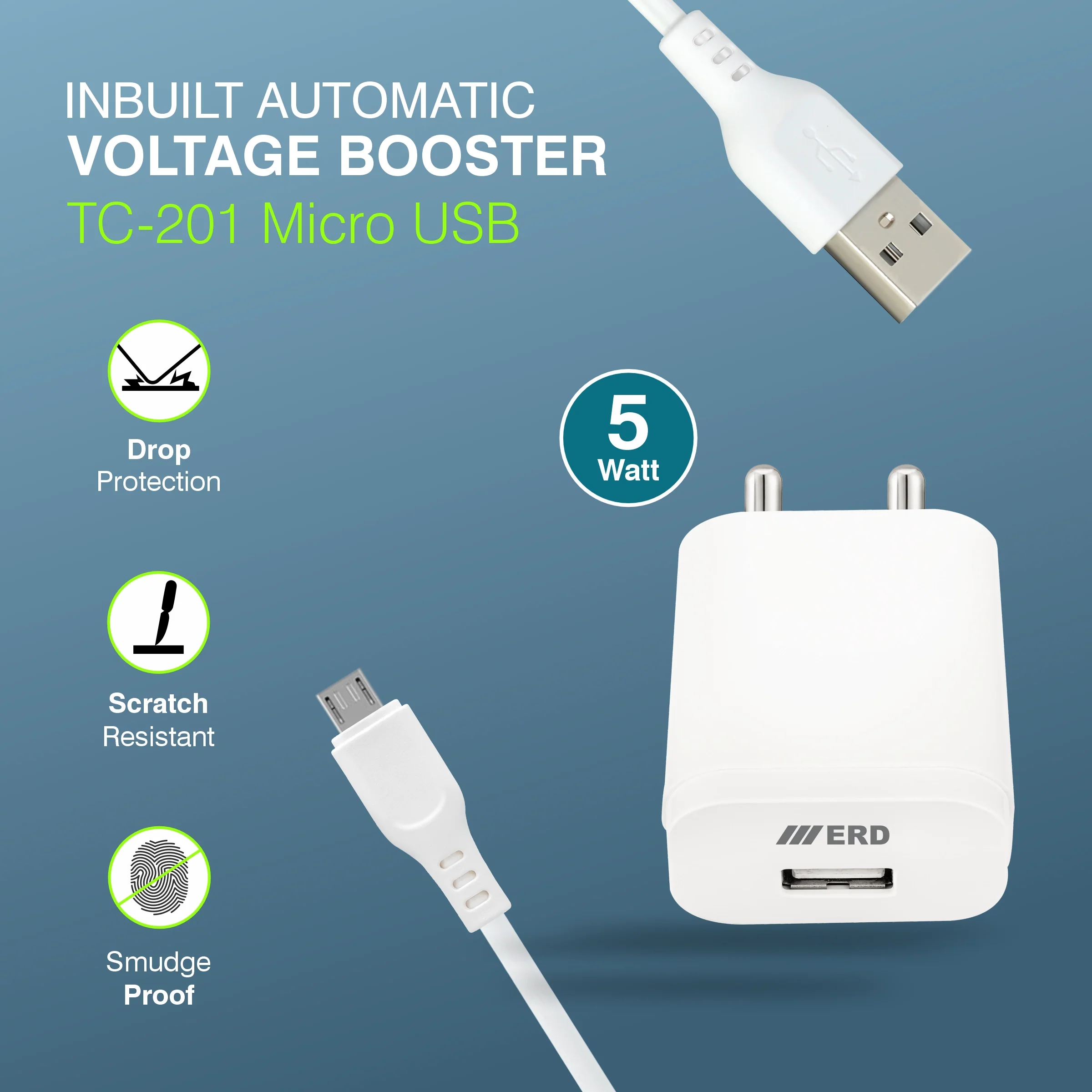 ERD TC-201 USB-A Charger With Micro Data Cable, 5W - Image 3