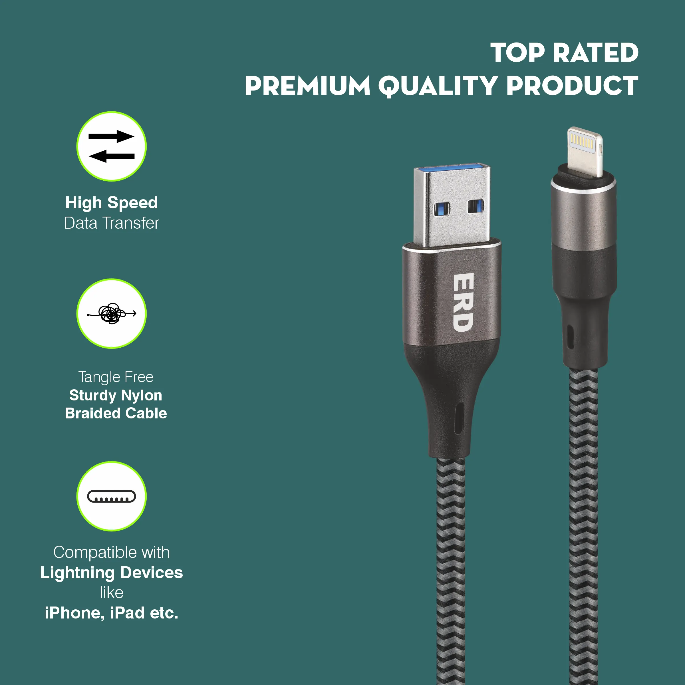 ERD UC-196 USB-A to Lightning Braided Metal Casing Data Cable, 25W - Image 4