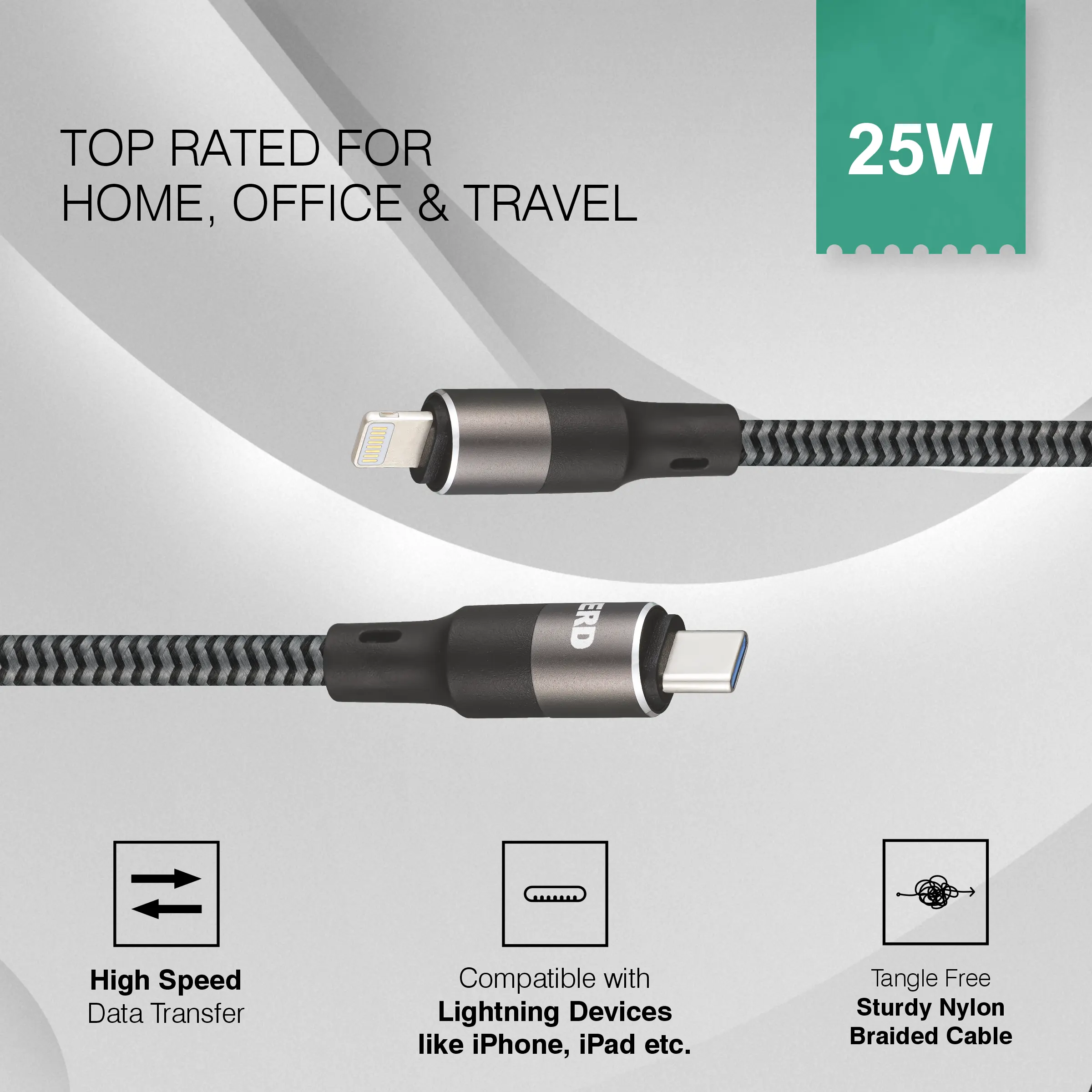 ERD UC-197 USB-C TO Lightning Braided Metal Casing Data Cable, 25W - Image 6