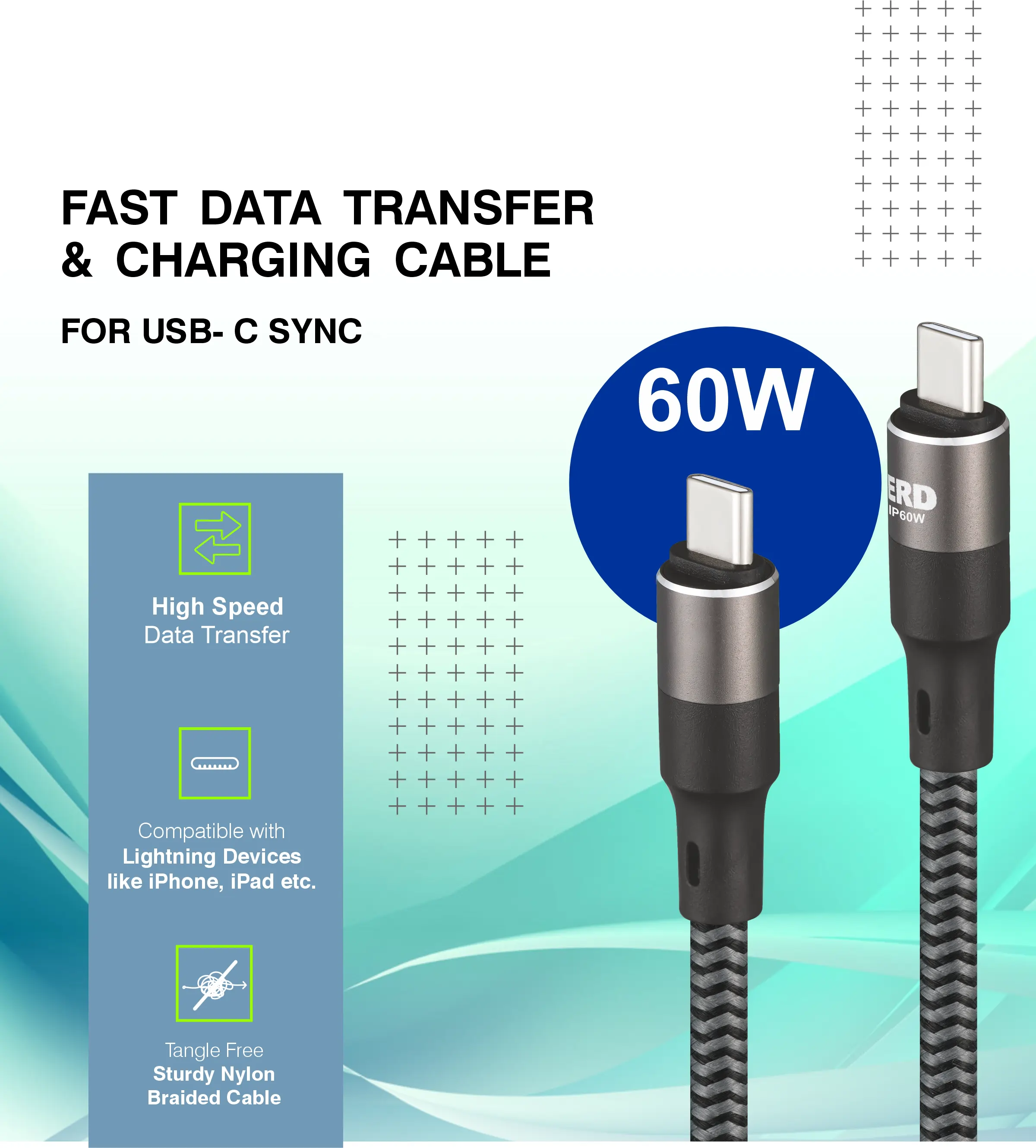 ERD UC-198 USB-C TO C (IP15) Braided Metal Casing Data Cable, 60W - Image 3