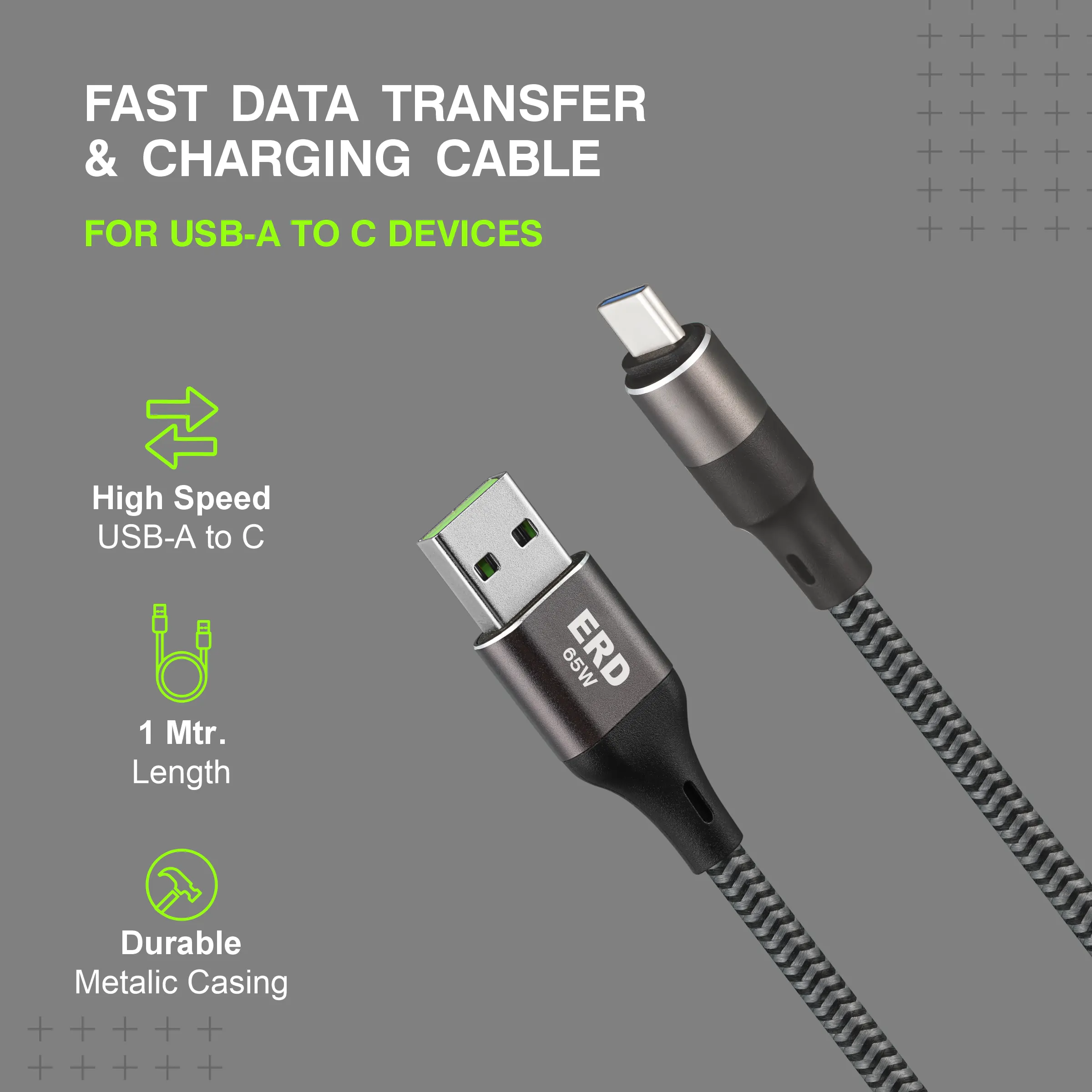 ERD UC-200 USB-A to C Braided Metal Casing Data Cable, 65W - Image 3