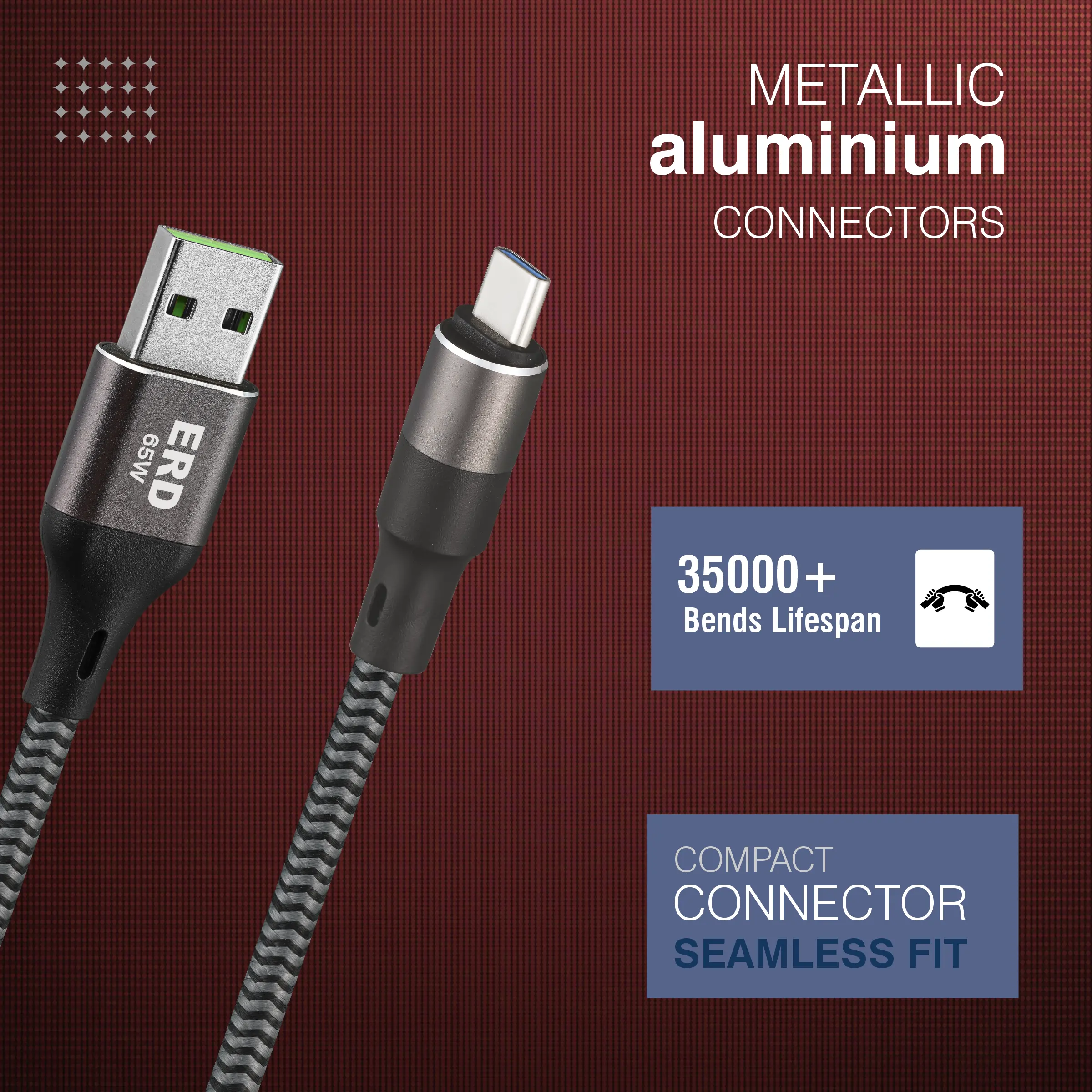 ERD UC-200 USB-A to C Braided Metal Casing Data Cable, 65W - Image 5