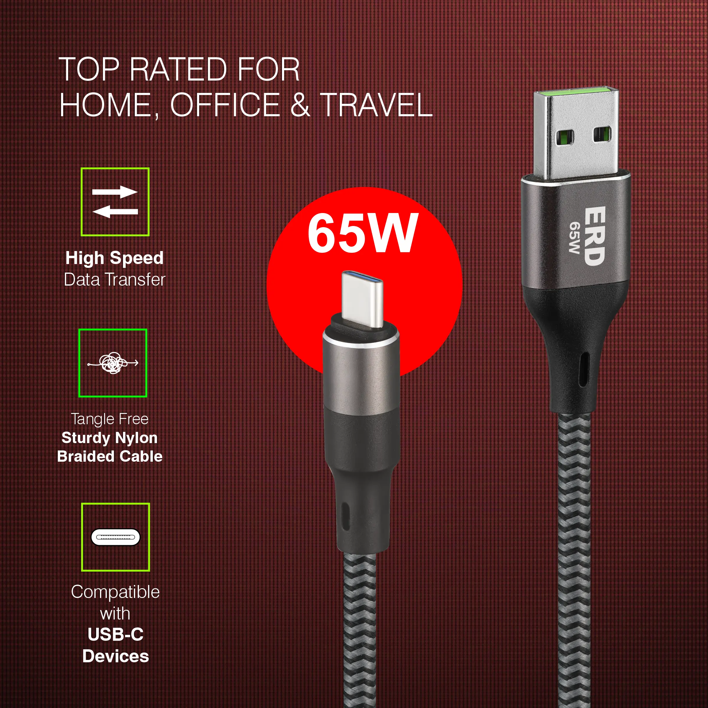ERD UC-200 USB-A to C Braided Metal Casing Data Cable, 65W - Image 6