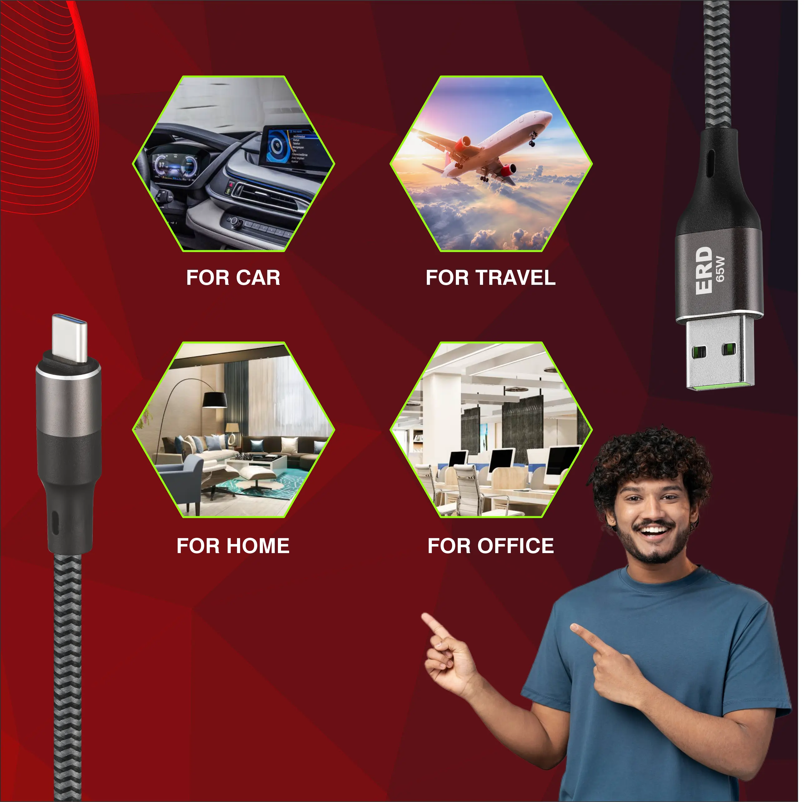 ERD UC-200 USB-A to C Braided Metal Casing Data Cable, 65W - Image 7